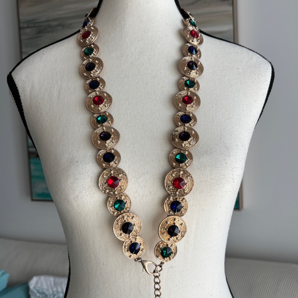 Zara Gold-Tone Long Belt with Red, Green , Purple & Blue Stones